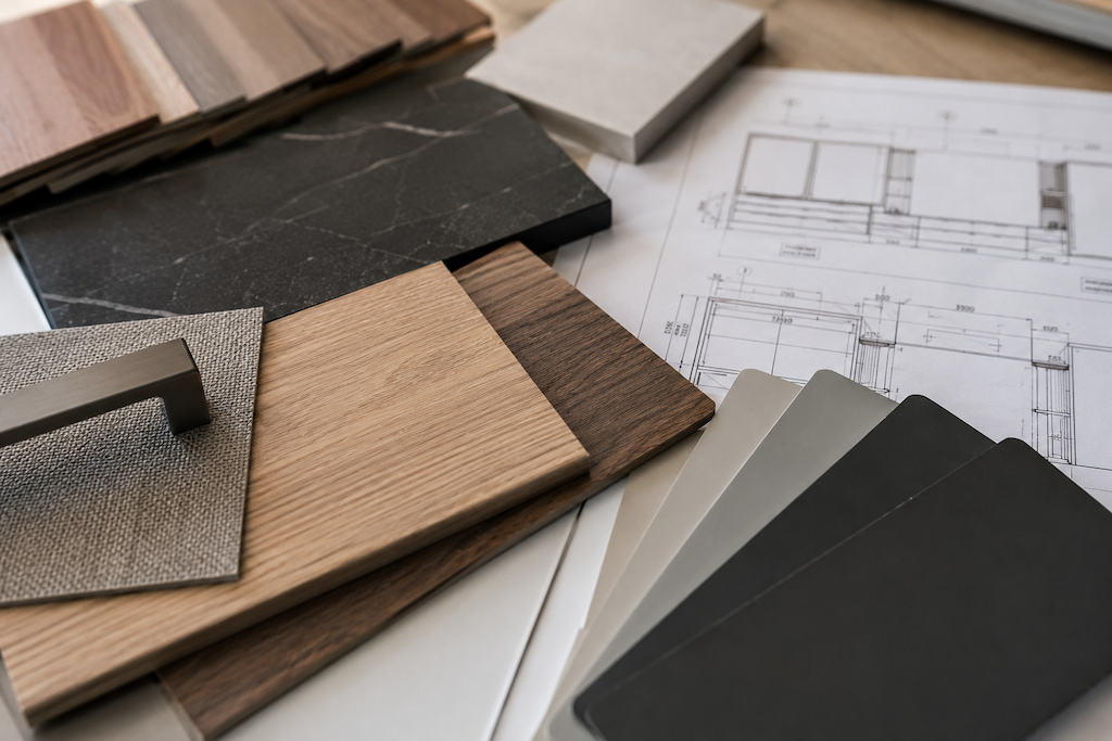 Materiaalstalen en ontwerptekening voor een maatwerk interieur